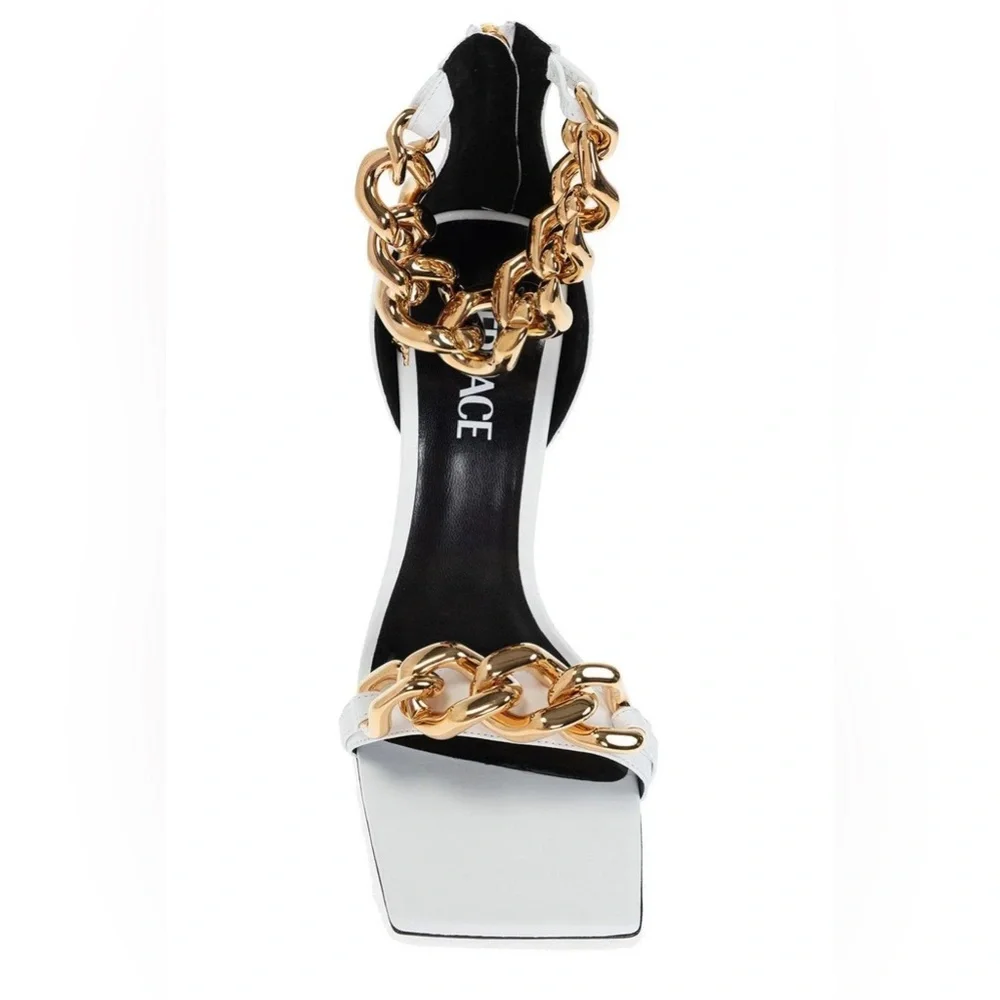 Versace Authentic White And Gold Medusa Chain Leather Sandals Heels Womens 8 - Picture 4 of 16